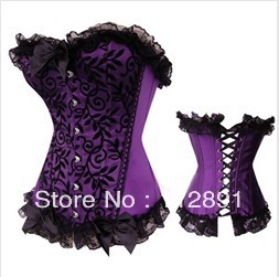 Purple lace overlay lace up boned basque corset busiter S-2XL  M0236