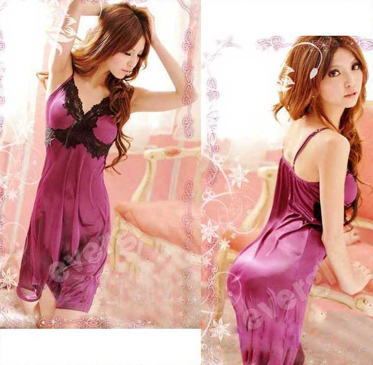 Purple Lace Spandex Sexy Lingerie Sleepwear Dress+G-string set