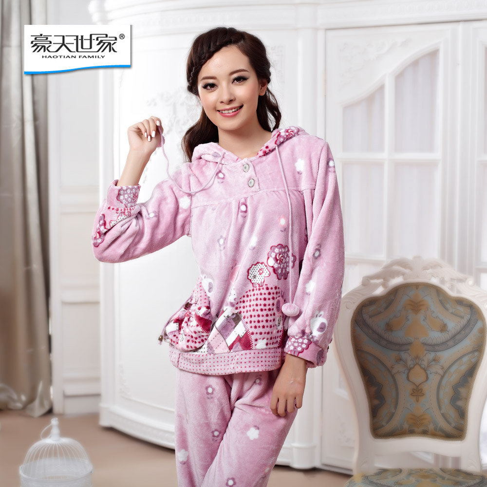 Purple pullover coral fleece sleepwear autumn and winter thickening women's lounge