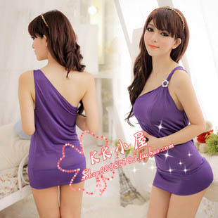 Purple satin oblique sexy racerback set nightgown sexy sleepwear underwear temptation short skirt 1010