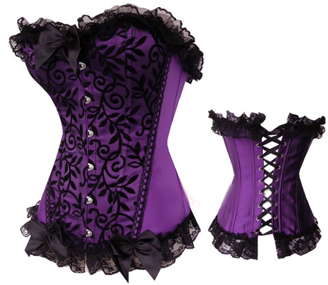 Purple satin with black leaves lace overlay front corset bustier boned lace up lingerie dropship S-2XL