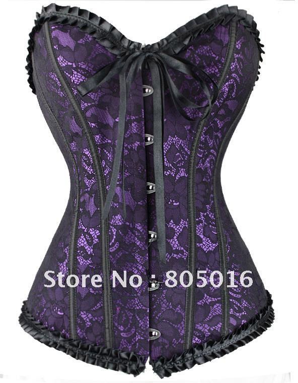 Purple Sexy Women Boned Lace Up Overbust Corset Bustier Costumes Lingerie  + G-string