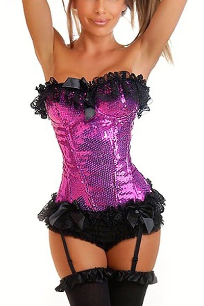 Purple Shine Overbust Corset Set, Fashion Luxury Red Bustier Lace Cincher Shaper 213-XY