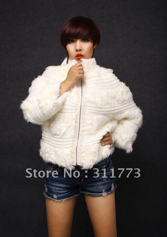 PX-09 100% Genuine Knitted LALambswool Fur dolman sleeved coat, White Fur Jacket for Women, DROP SHIPPING