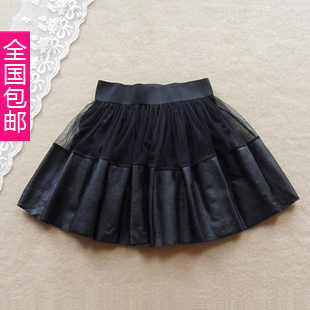 Q841 autumn elastic waist gauze leather mosaic pleated short skirt leather basic skirt bust skirt