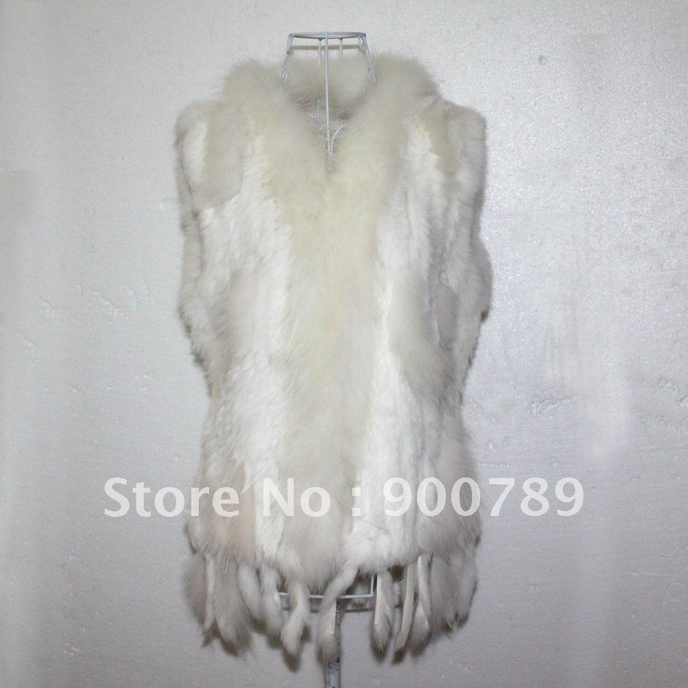 QD0624A Full white Real Knitting Rabbit Fur Gilet With Raccoon dog Fur Trimming Tassels Free Shipping(EMS/DHL)      A R