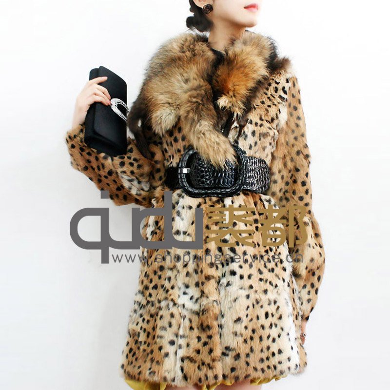 QD11484 2013 100% Genuine Rabbit Fur Coat with raccoon fur  Collar leopard print  with belt hot style