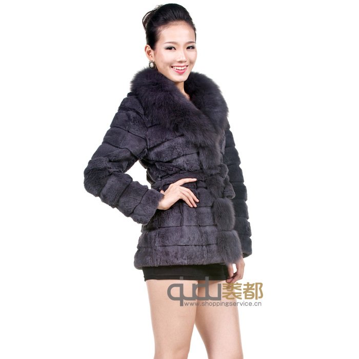 QD11814 3Colors Genuine Sheared Rabbit Fur Coat with Belt and Fox Fur Trim/Wholesale/Retail/OEM/Hot selling