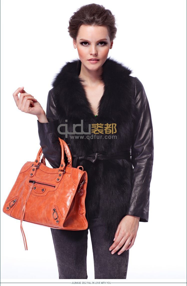 QD21467 Lady Fashion Genuine real sheep leather Coat with fox fur collar charm garment outerwear     A R