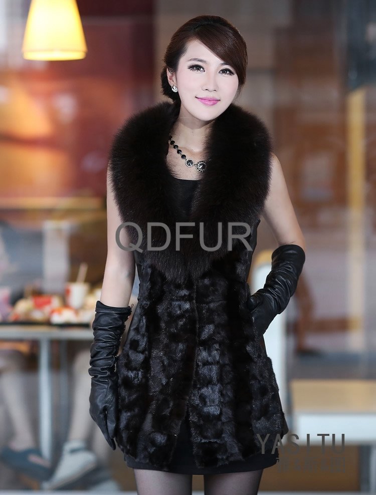 QD22085 Lady Fashion Genuine Sheep Leather with Mink &Fox Fur Gilet Winter Women's Vest /Free Shipping  A  G