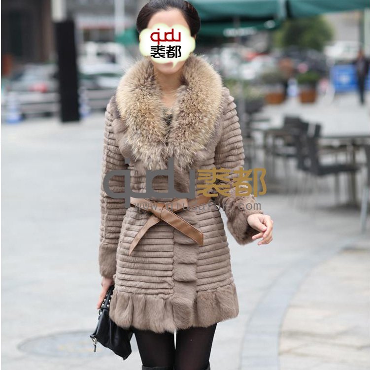 QD5952 2013 Fashion  Rex Rabbit Fur coat  with Pockets long style and Raccoon Dog Fur Collar with belt women stripe coat