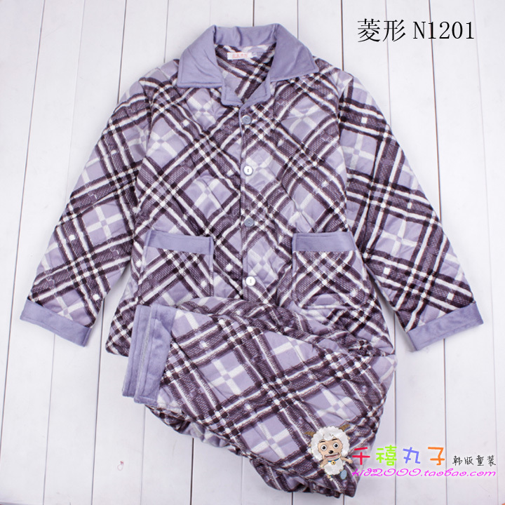 qianxi) Autumn and winter thickening coral fleece cotton-padded super male sleep set dimond plaid lounge at home service