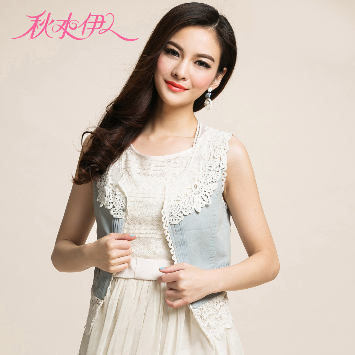 QIUSHUIYIREN 2012 autumn fashion lace cutout laciness denim cotton vest