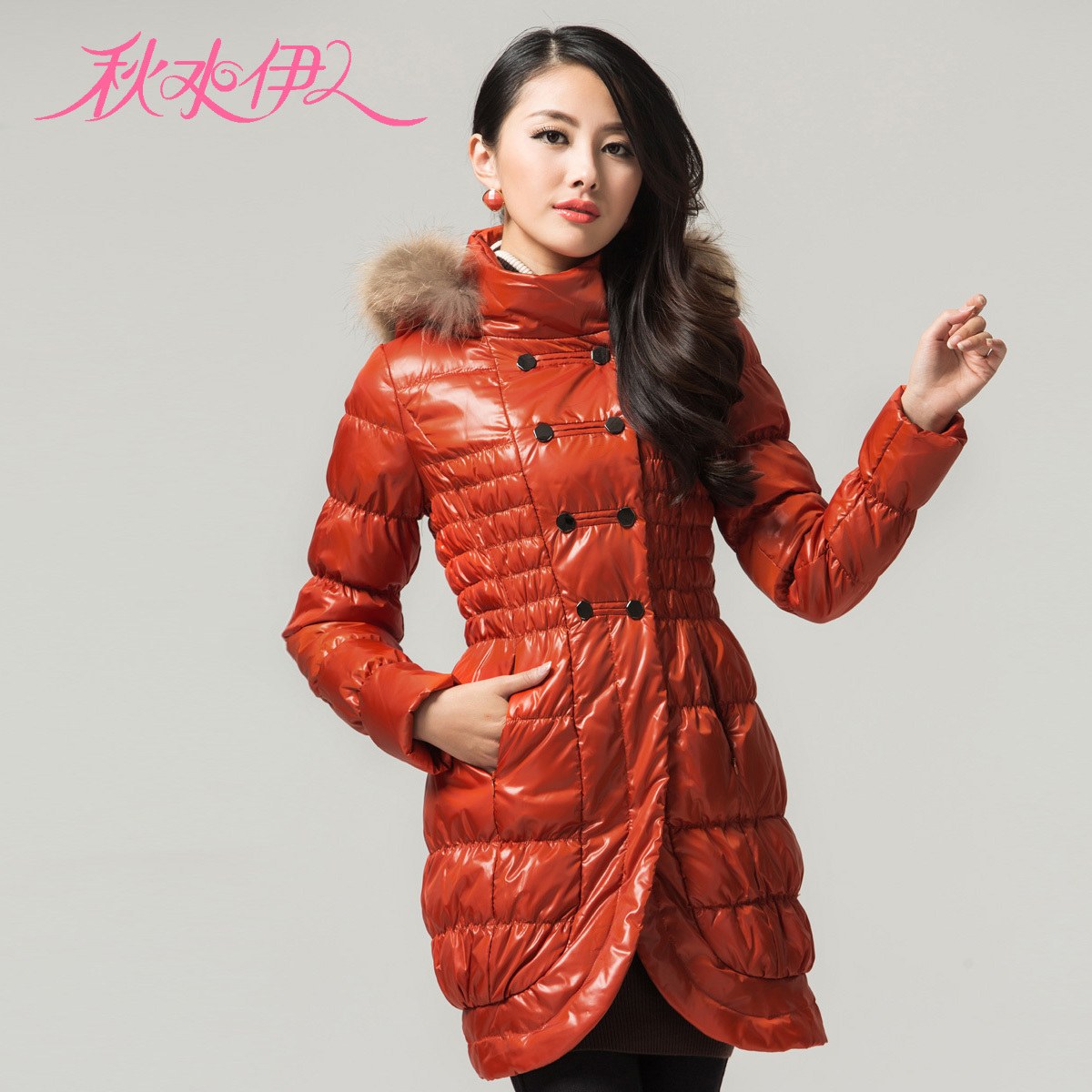 QIUSHUIYIREN 2012 fashion double breasted hooded medium-long elegant slim down coat