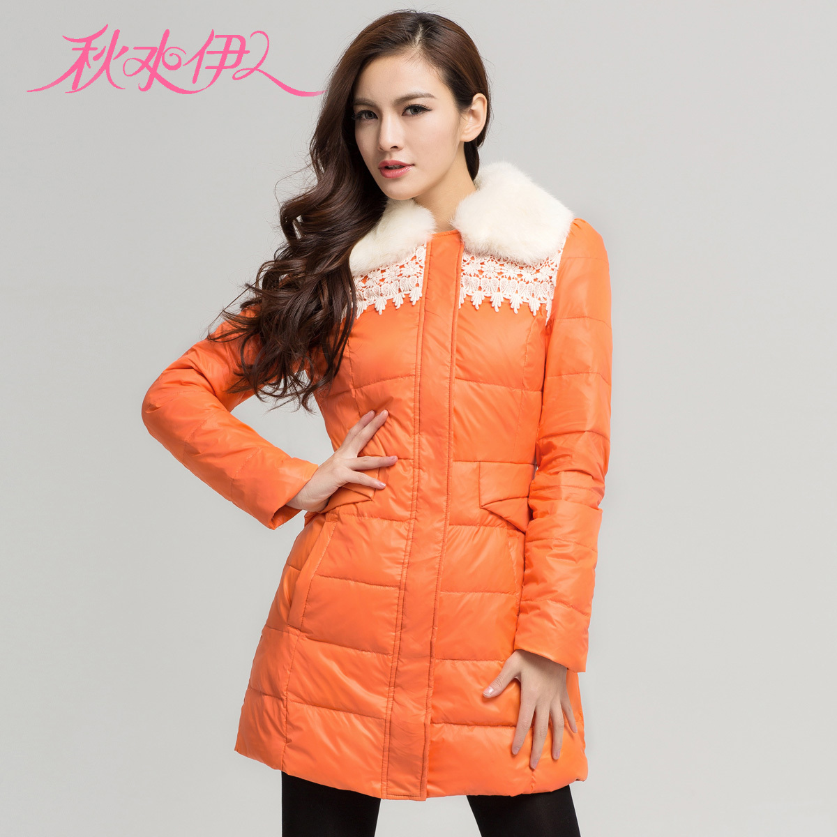 QIUSHUIYIREN 2012 winter detachable fur collar slim medium-long cutout crochet down coat