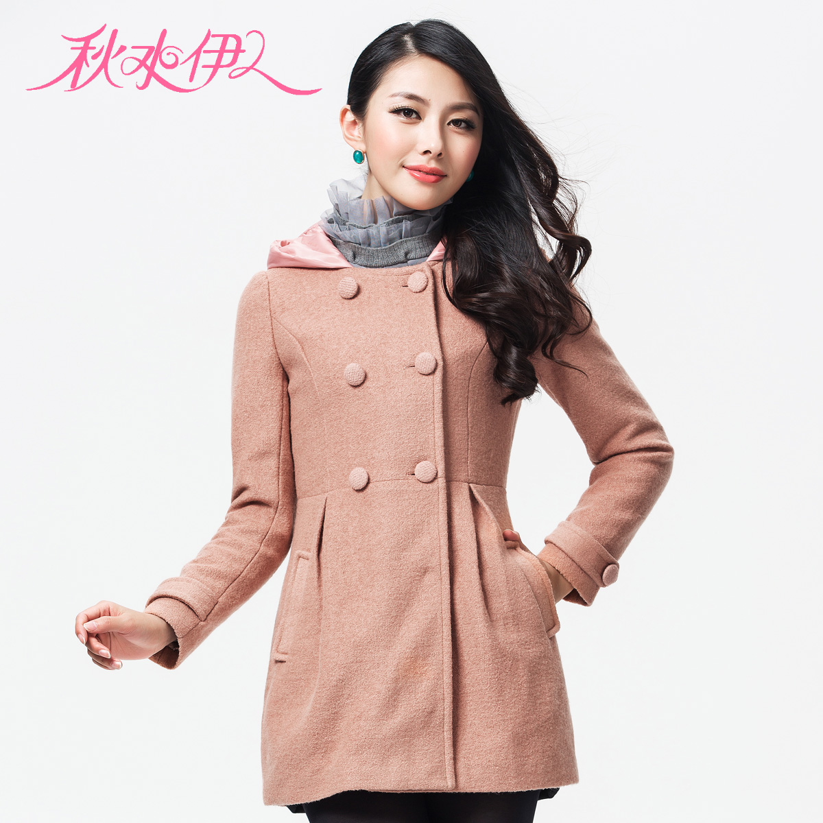 QIUSHUIYIREN 2012 winter modern fashion double breasted with a hood slim overcoat outerwear