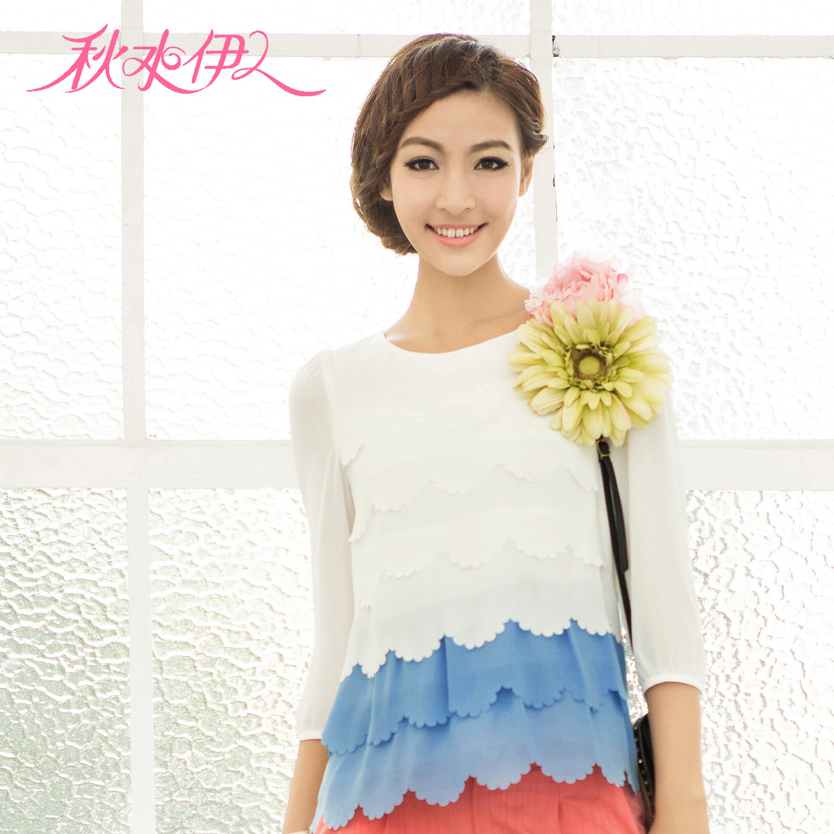 QIUSHUIYIREN 2013 spring small fresh straight design chiffon color block wrist-length sleeve top