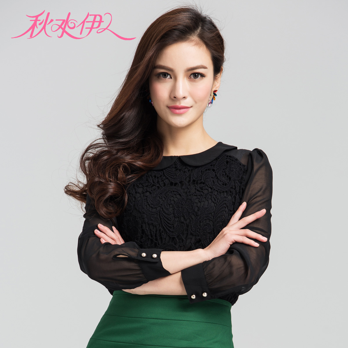 QIUSHUIYIREN 2013 spring sweet gentlewomen straight design cutout crochet chiffon patchwork turn-down collar shirt