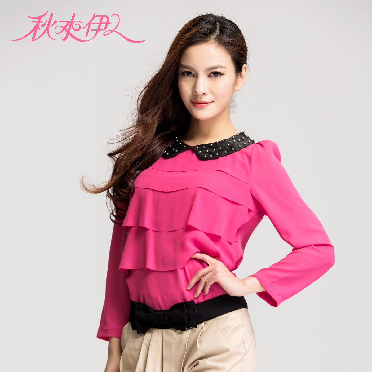 QIUSHUIYIREN 2013 spring sweet pearl peter pan collar loose ruffle chiffon top