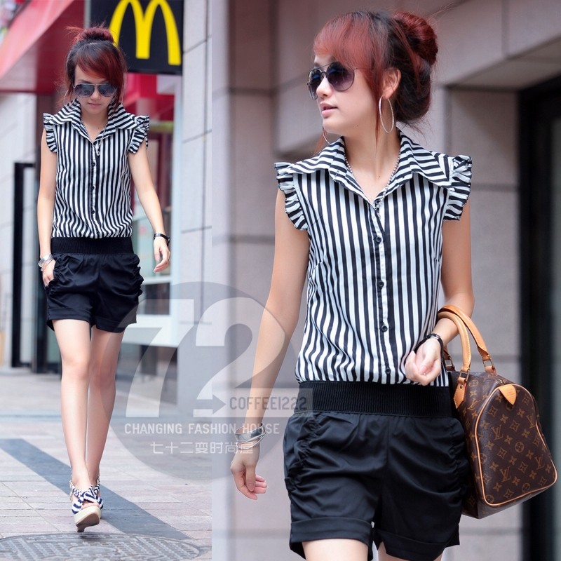 Qm1068 women's 2012 summer chiffon stripe patchwork contrast color shorts jumpsuit