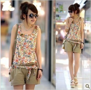 Qm1078 women's 2012 summer belt floral print vest jumpsuit shorts