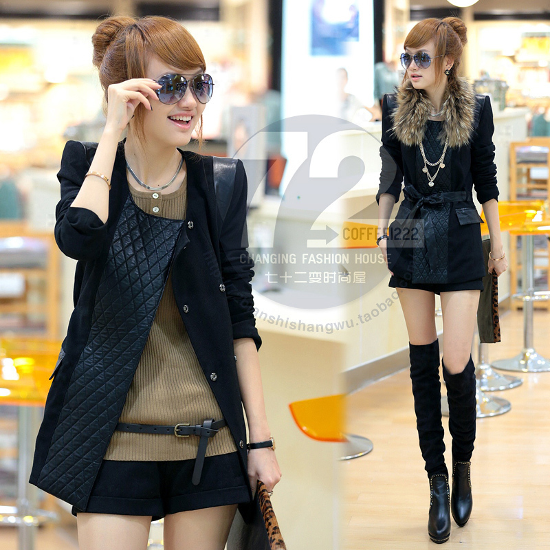 Qm8017 2012 autumn new arrival patchwork double breasted long-sleeve trench outerwear female