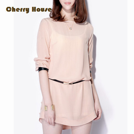 Quality crepe-de-chine silk material genuine leather sheepskin long-sleeve shirt one-piece dress