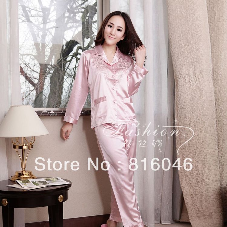 Quality embroidered faux silk twinset long-sleeve set sleepwear spring and autumn lounge female