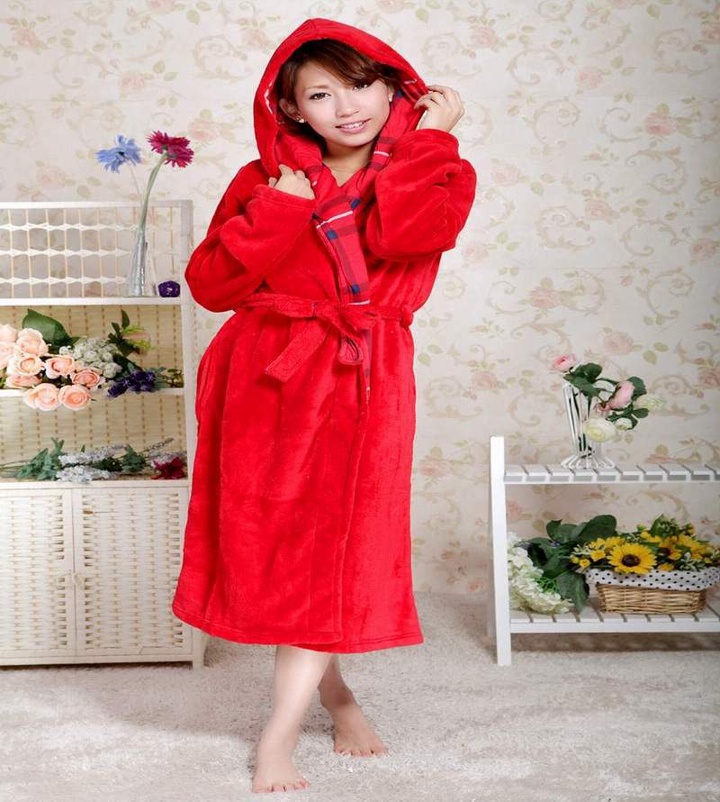 Quality fashion red thickening coral fleece robe bathrobes lounge sleepwear hooded