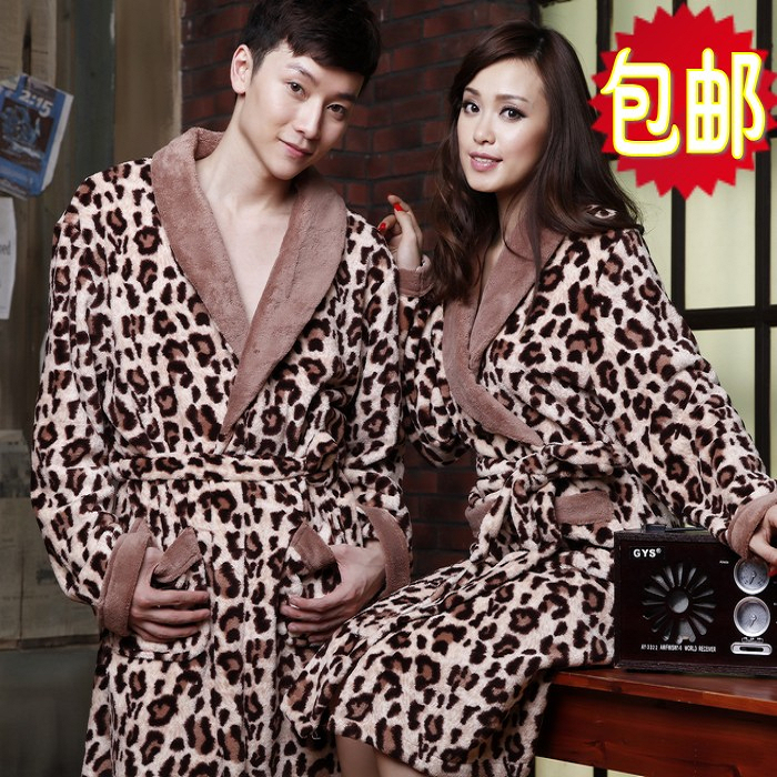 Quality flannel lovers robe leopard print thickening coral fleece sleepwear plus size plus size male women's robe bathrobes