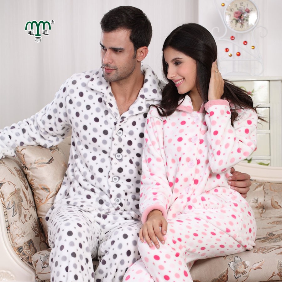 Quality flannel sleepwear split lounge thickening male women's lovers set autumn and winter thermal