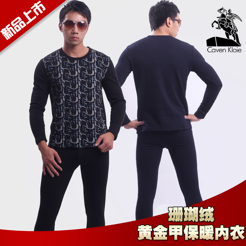 Quality print wool male plus velvet thickening thermal underwear coral fleece golden flower thermal set