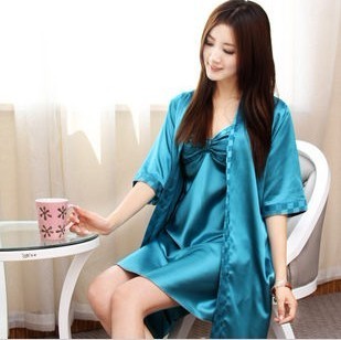 Quality satin nightgown robe two piece lounge robe silk sexy women's sleepwear