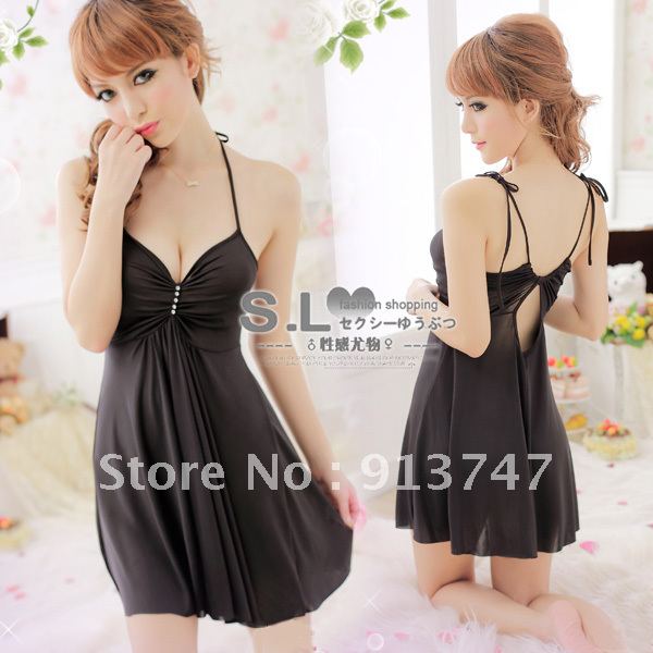 Quality sexy sleepwear autumn and winter female rhinestones spaghetti strap nightgown black underwear temptation twinset