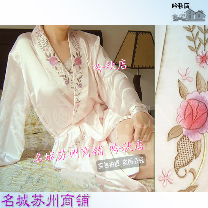 Quality shawl collar embroidered silk bathrobes suspender skirt faux silk belt lounge