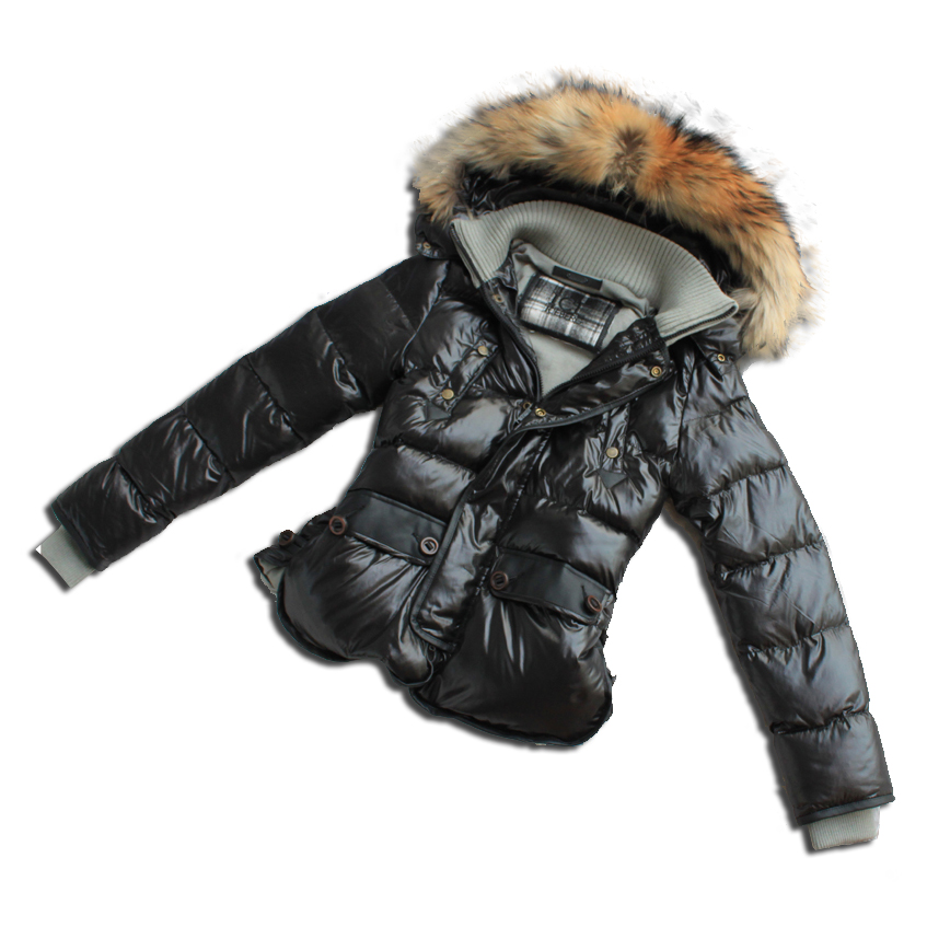 Quality white goose down cap raccoon fur thermal design short down coat black