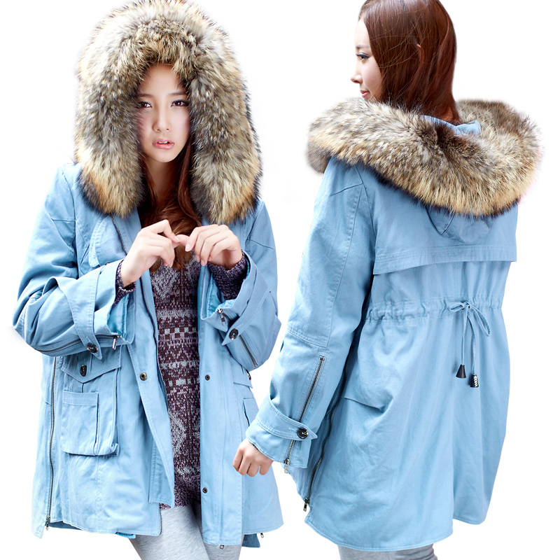 R . beauty women's thickening raccoon fur overcoat large fur collar outerwear medium-long wadded jacket cotton-padded jacket