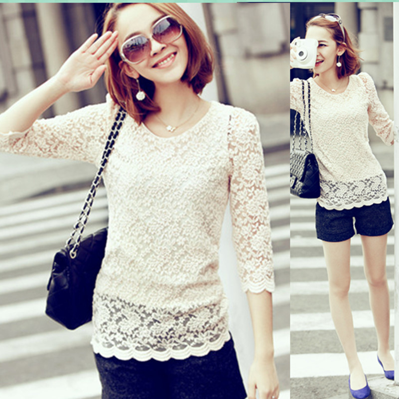 R8122 spring 2013 women's fashion slim o-neck lace three quarter sleeve shirt basic top