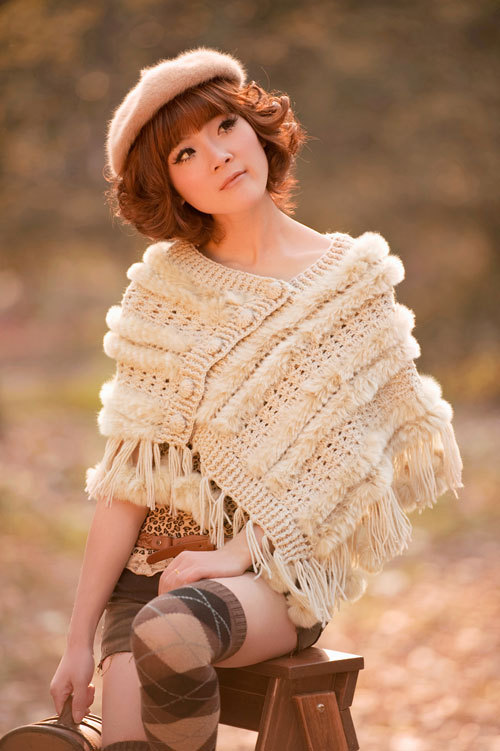 Rabbit fur cape dribbled fur cape rabbit fur knitted shawl