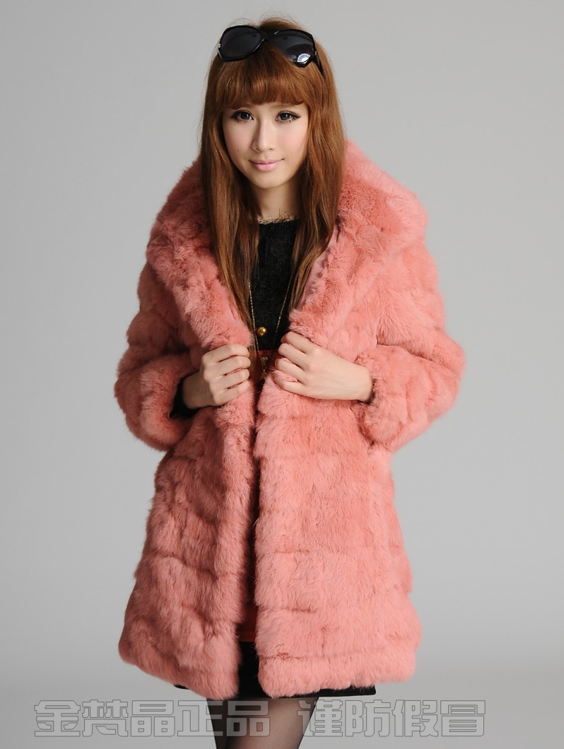 Rabbit fur coat long design hooded women's overcoat