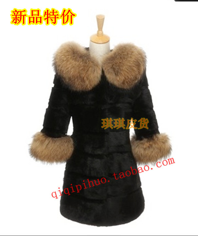 Rabbit fur coat ultralarge raccoon fur cuff with a hood outerwear fur overcoat slim female outerwear