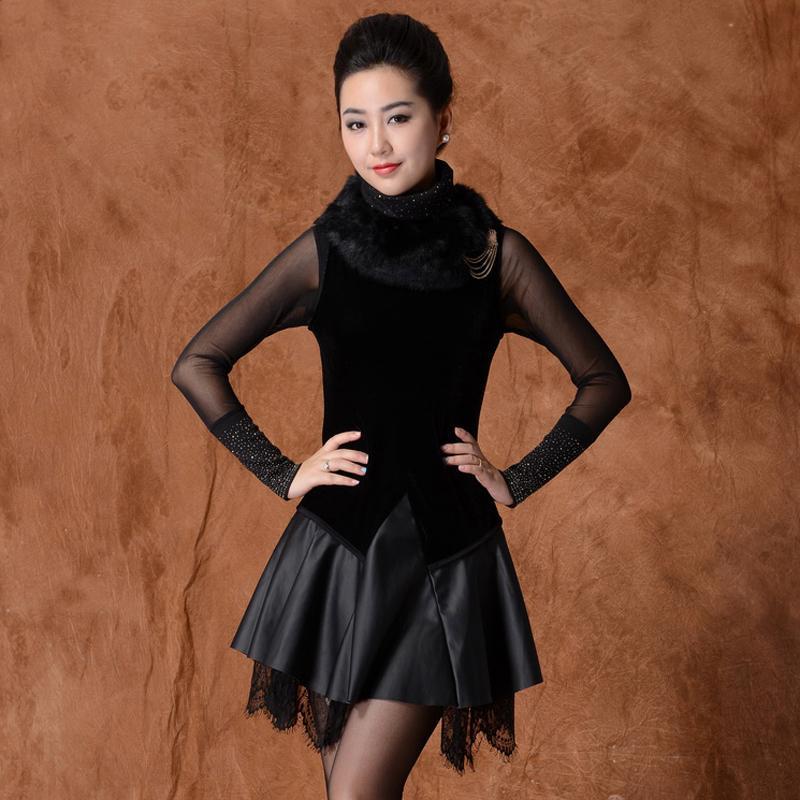 Rabbit fur collar lace brooch black leather skirt Vest skirt dress Lace long-sleeved dress Leather rabbit fur collar skirt