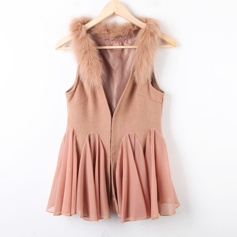 Rabbit fur patchwork chiffon ruffle wool woolen vest fashion slim vest