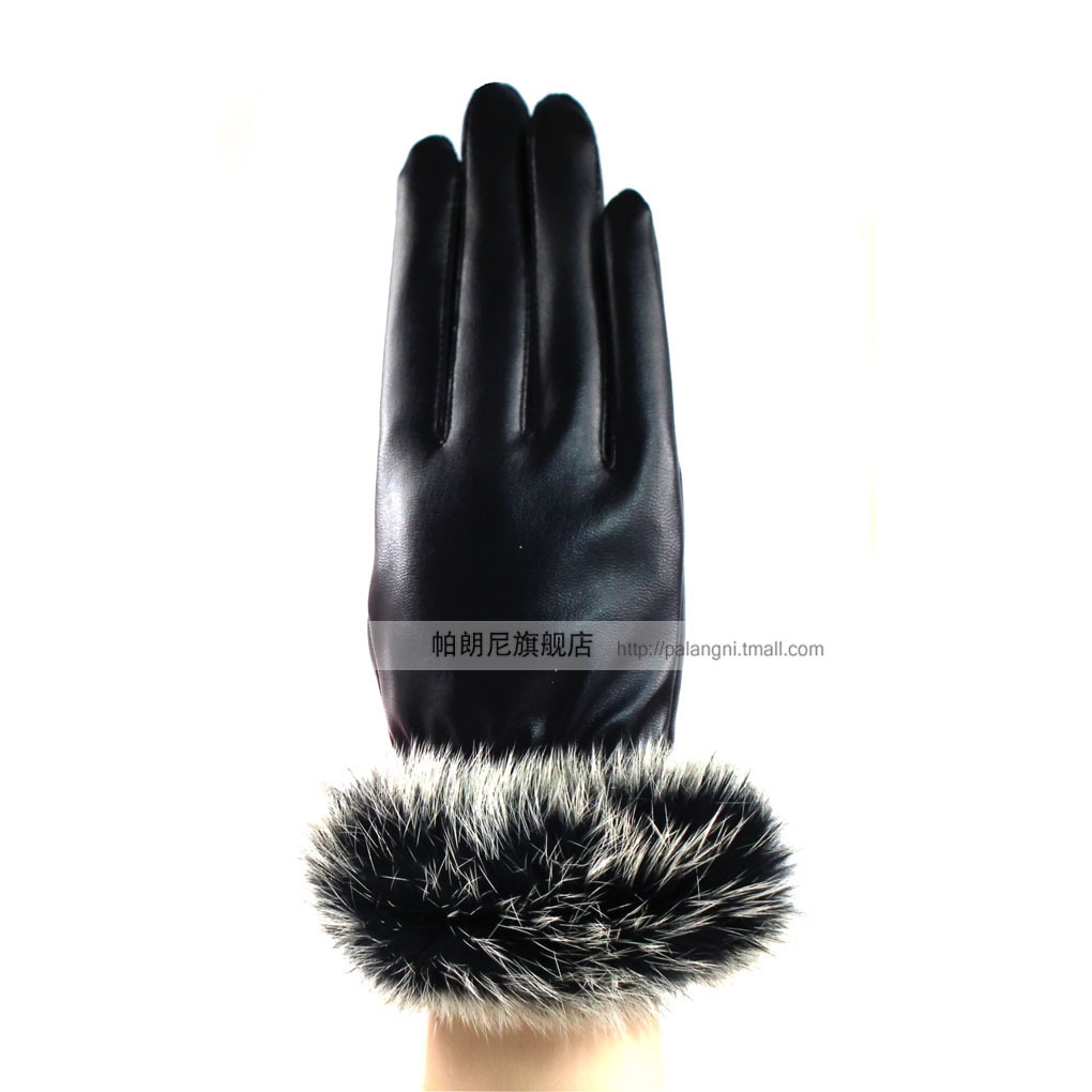 Rabbit fur PU leather gloves women's genuine leather winter thermal wool gloves