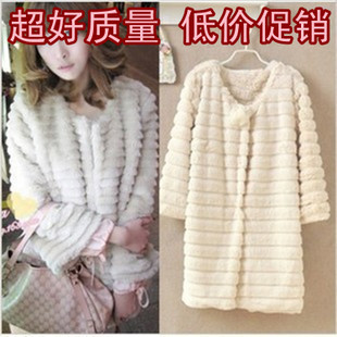 Rabbit fur short design o-neck three quarter sleeve long design fur coat