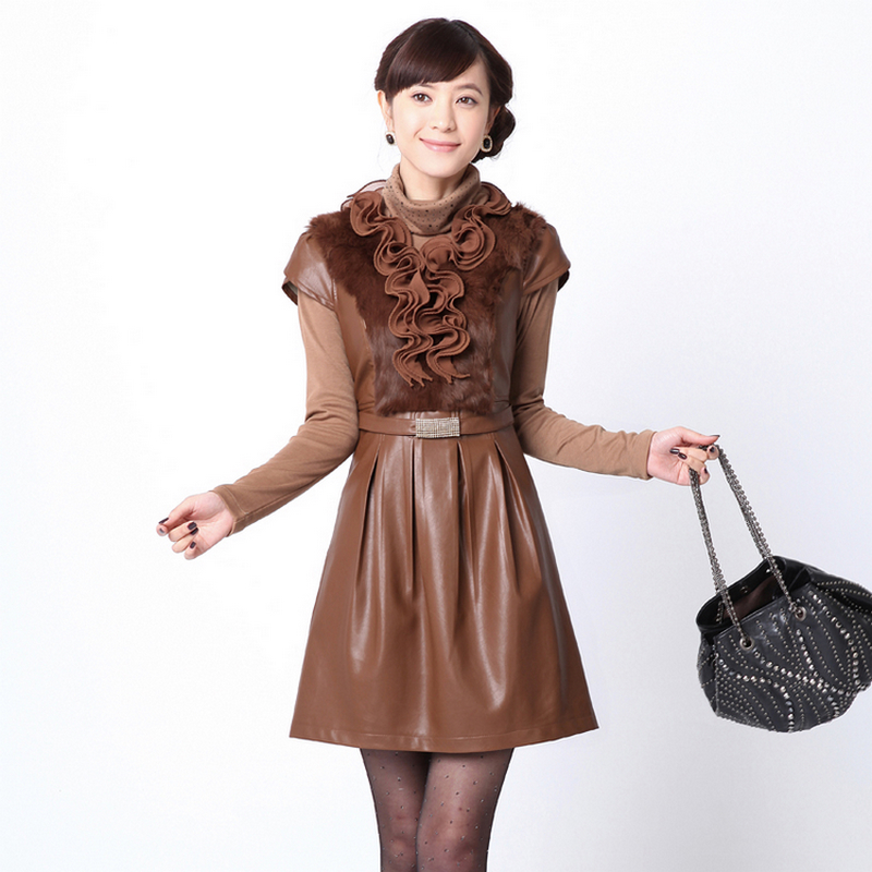 Rabbit fur short-sleeve ruffle hem slim waist PU leather skirt mid waist one-piece dress