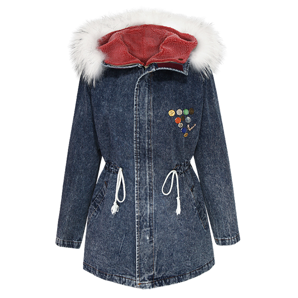 Rabbit fur with a hood berber fleece liner badge lace print applique water wash denim trench wadded jacket cotton-padded jacket