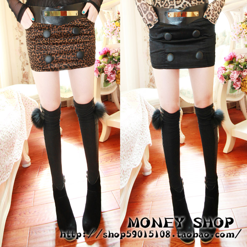 Rabbit pocket double big buttons metal film leather belt decoration elastic suede fabric pencil half-length skirt