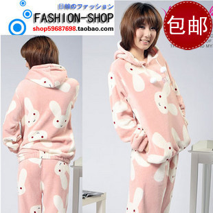 Rabbit thickening princess with a hood sleepwear female autumn and winter coral fleece set lounge long-sleeve