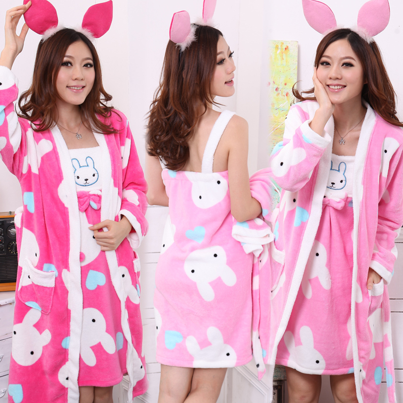 Rabbit twinset robe spaghetti strap set princess sleepwear thickening coral fleece lounge